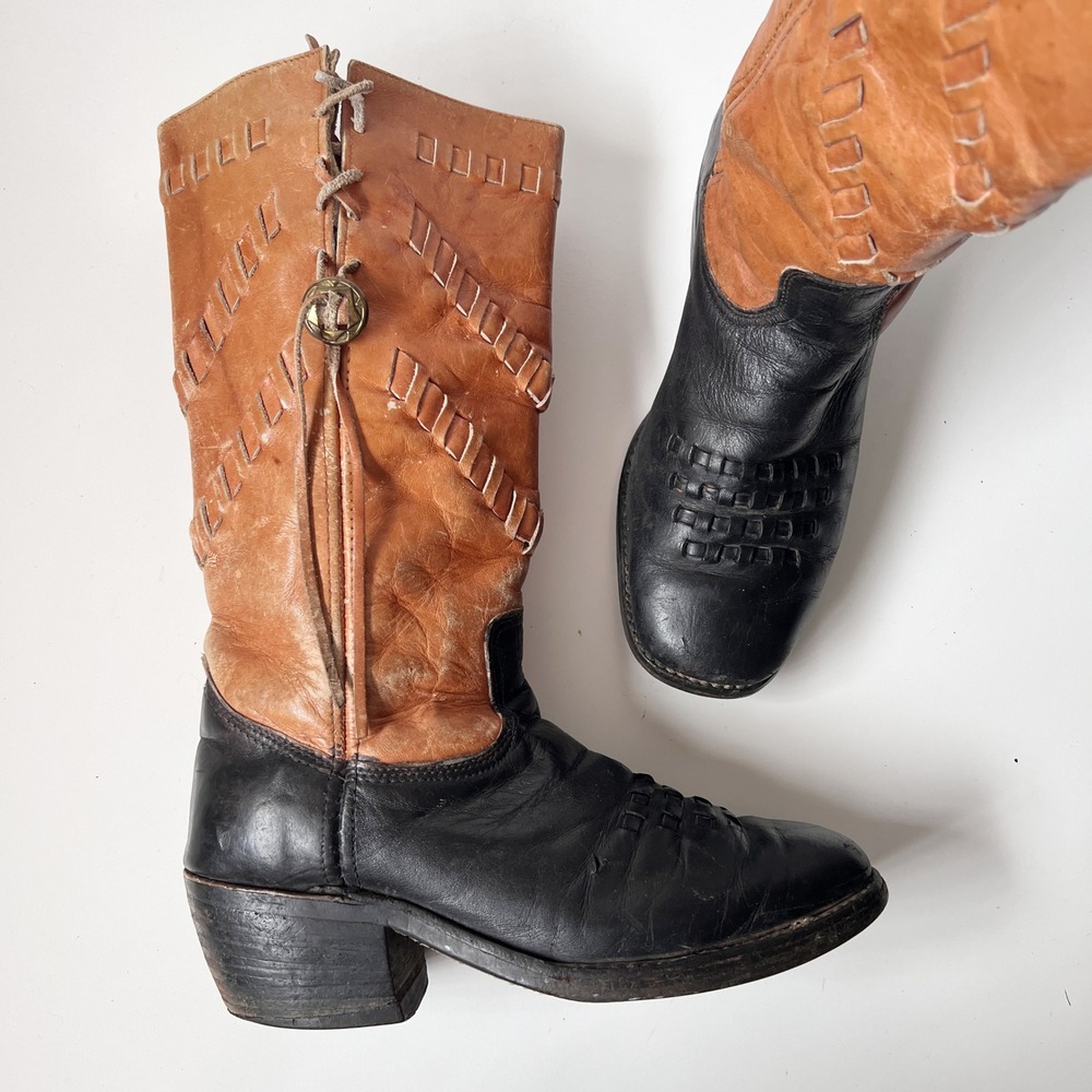 Vintage Cowboy Boots Two Tone Leather Woven Square Toe Western Boho Womens 8.5/9